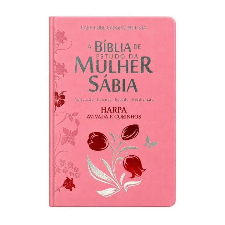Bíblia Mulher Sábia ARC Tulipa Rosa com Harpa - capa frontal em fundo branco
