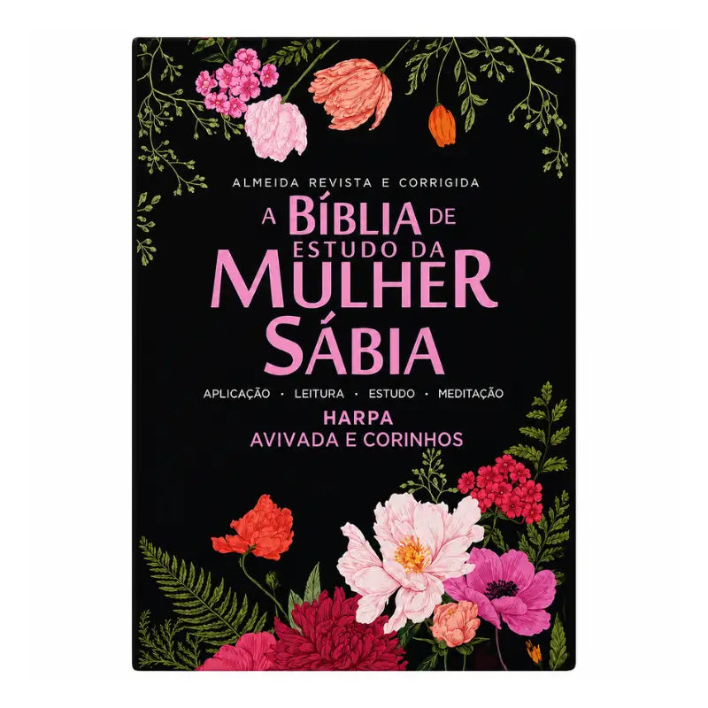 Bíblia Mulher Sábia Floral Preta Letra Grande - capa frontal em fundo branco