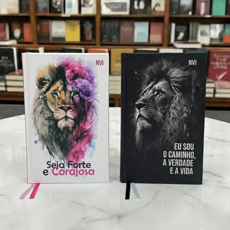 Kit 2 Bíblias Feminina e Masculina Bíblia Nvi Feminina Rosa Seja Forte Corajosa Modelo ARC, Bíblia Nvi Masculina Leão Preta Modelo de Frente