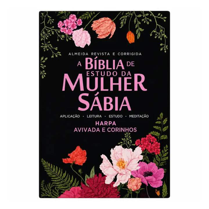 Bíblia Mulher Sábia Floral Preta Letra Grande - capa frontal em fundo branco