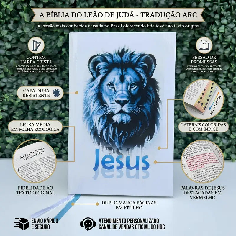 Detalhes da Bíblia ARC Leão Jesus Azul com Harpa e índice