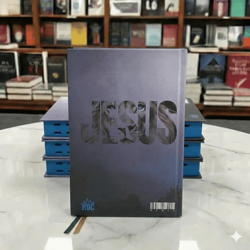 Bíblia Sagrada NVI Masculina Leão Jesus Azul Com Capa Dura e Índice Costas