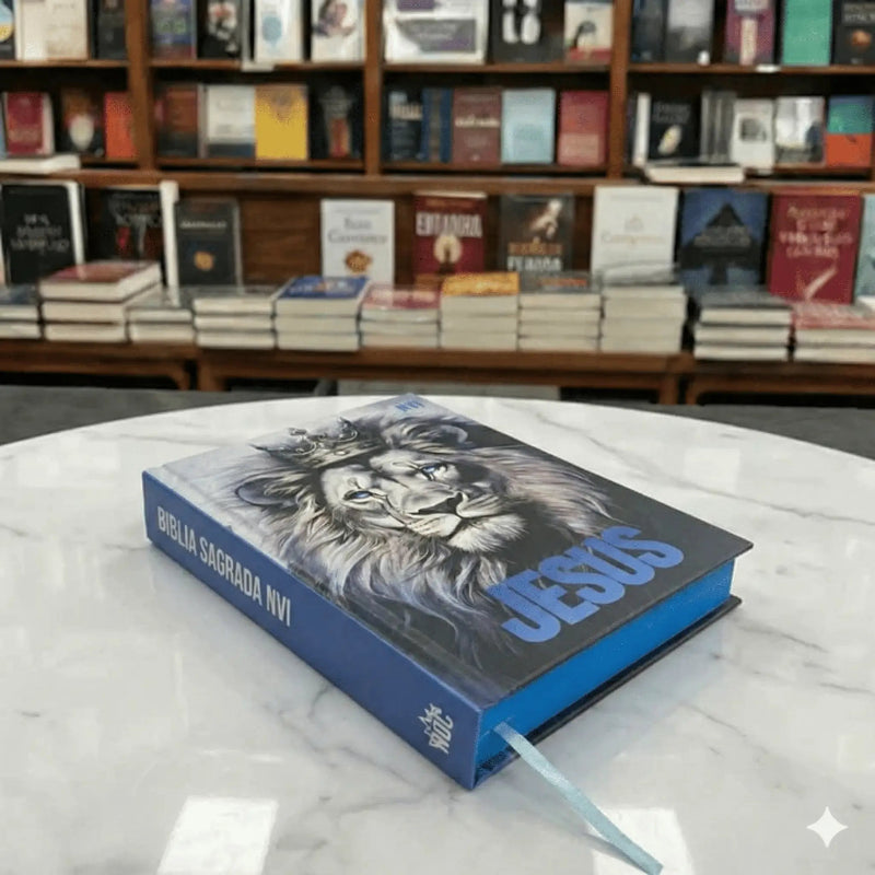 Bíblia Sagrada NVI Masculina Leão Jesus Azul Com Capa Dura e Índice Deitada