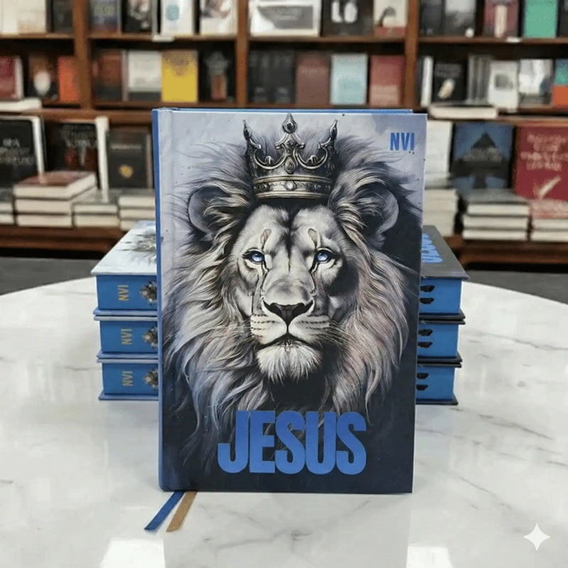 Bíblia Sagrada NVI Masculina Leão Jesus Azul Com Capa Dura e Índice Frente