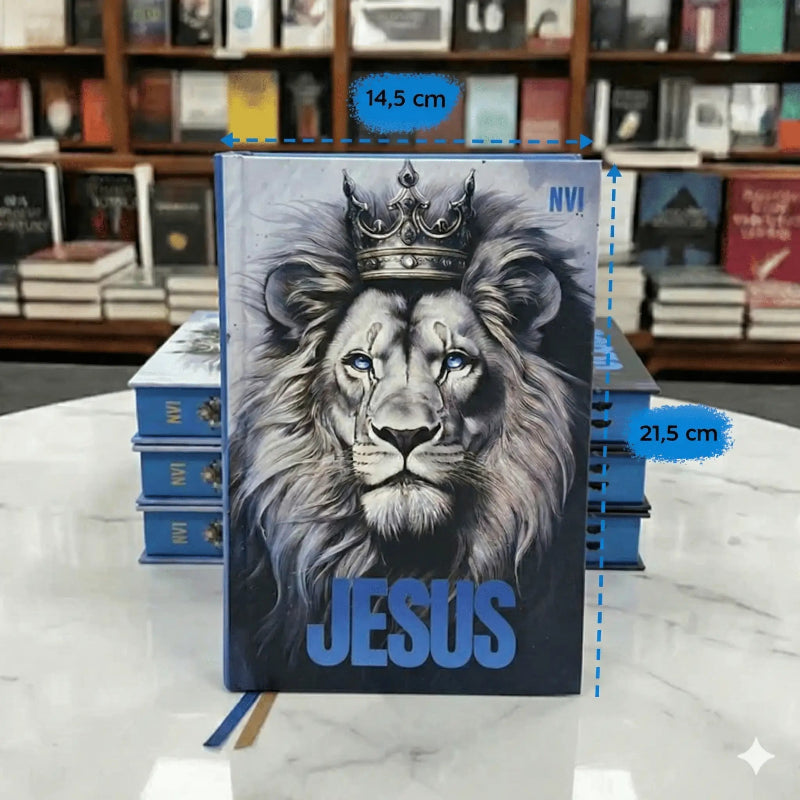 Bíblia Sagrada NVI Masculina Leão Jesus Azul Com Capa Dura e Índice Medidas