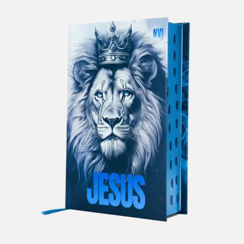 Bíblia Sagrada NVI Masculina Leão Jesus Azul Com Capa Dura e Índice