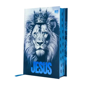 Bíblia Sagrada NVI Masculina Leão Jesus Azul Com Capa Dura e Índice