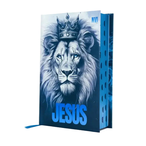 Bíblia Sagrada NVI Masculina Leão Jesus Azul Com Capa Dura e Índice
