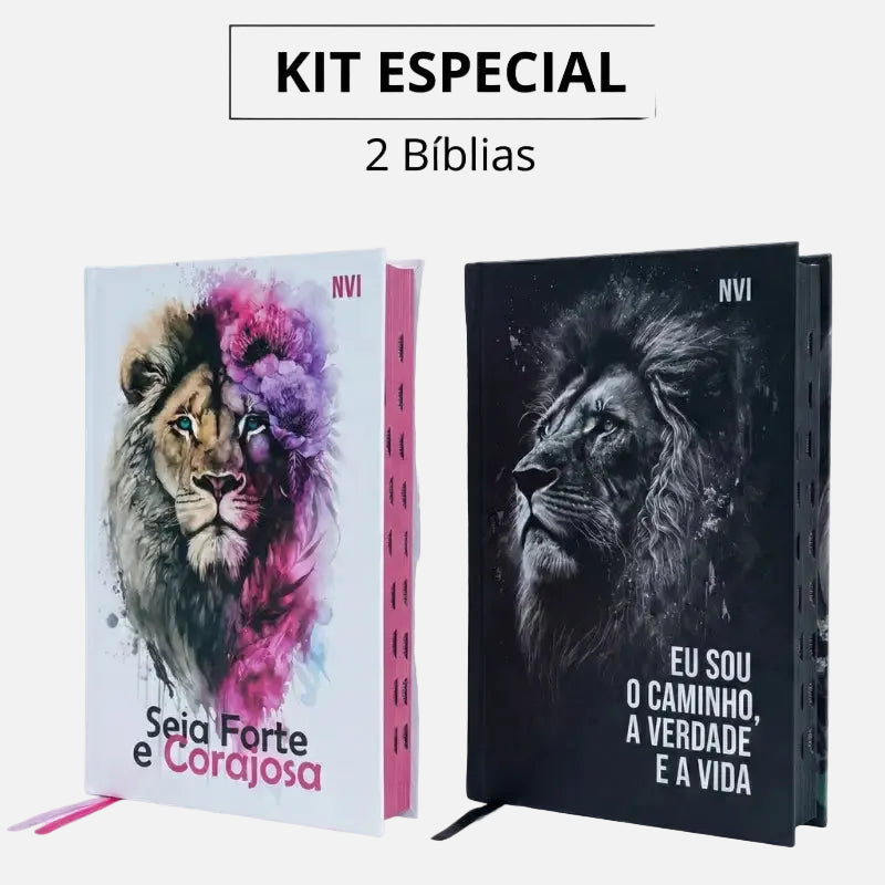 Kit 2 Bíblias Feminina e Masculina Bíblia Nvi Feminina Rosa Seja Forte Corajosa Modelo ARC, Bíblia Nvi Masculina Leão Preta Modelo Frente